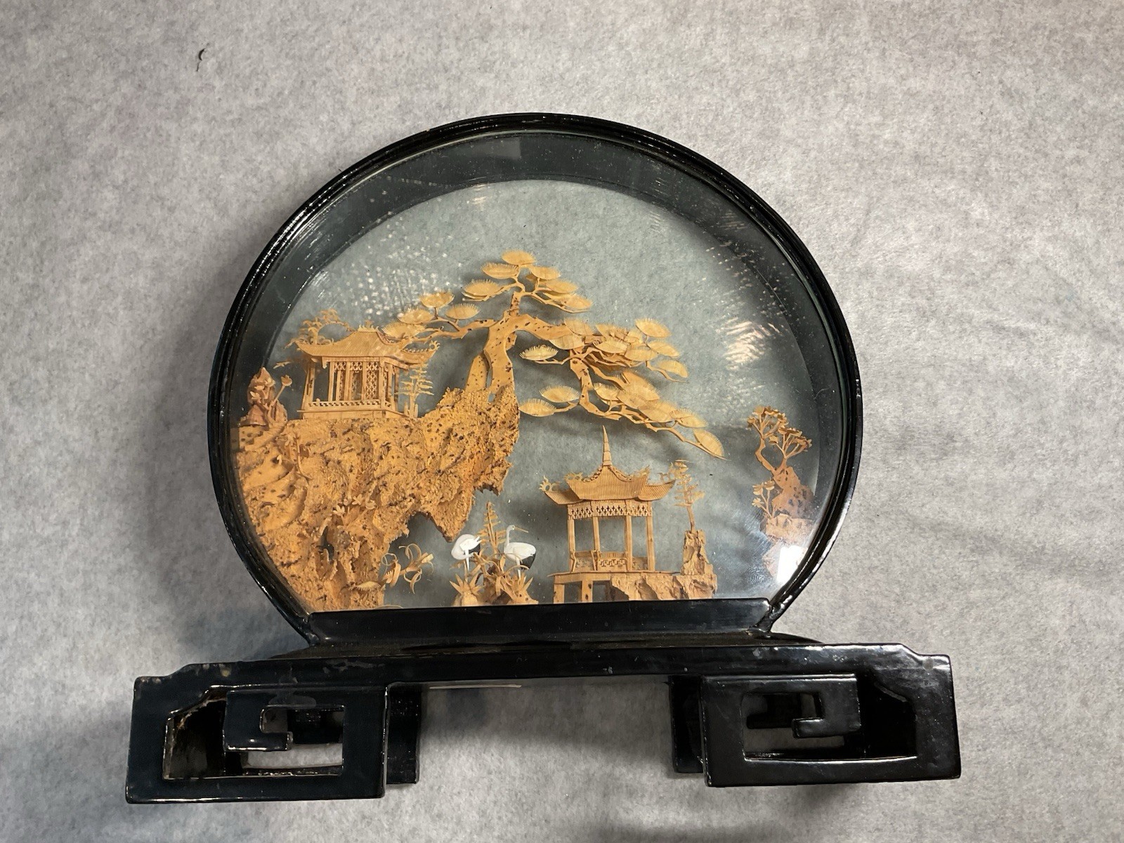 Vintage Asian Cork Art Diorama Hand Carved Black Lacquer Frame 9 X 9 Tree Bird