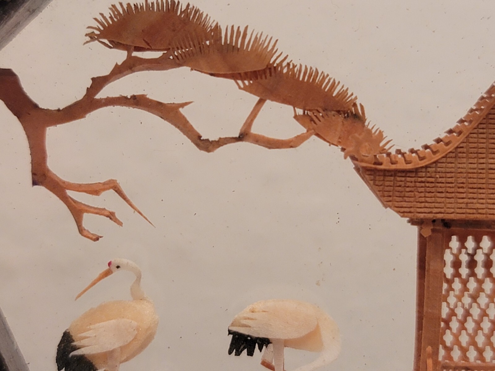Chinese Cork & Wood Diorama Hand Carved Asian Crane Pagoda Tree Art Glass