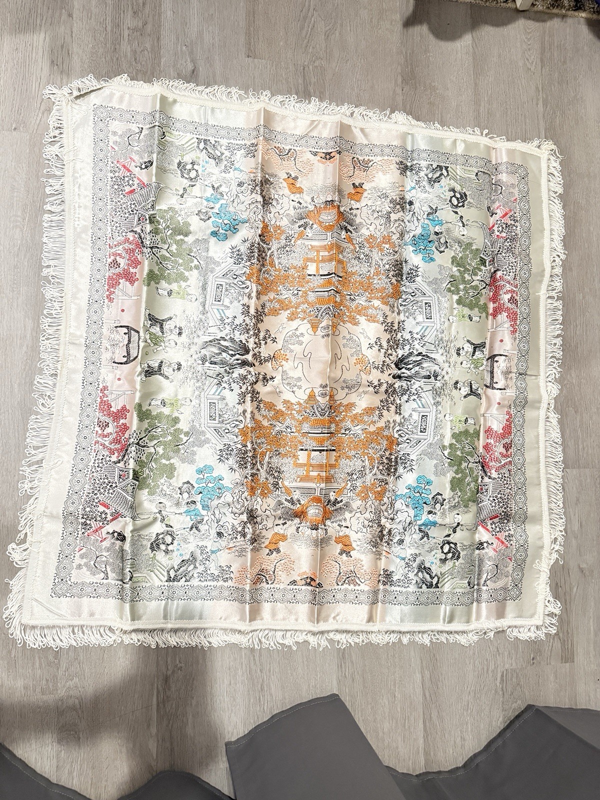 Vintage Brocaded Flowers Chinese Silk Tapestry Children Table Cloth – 36×39 In