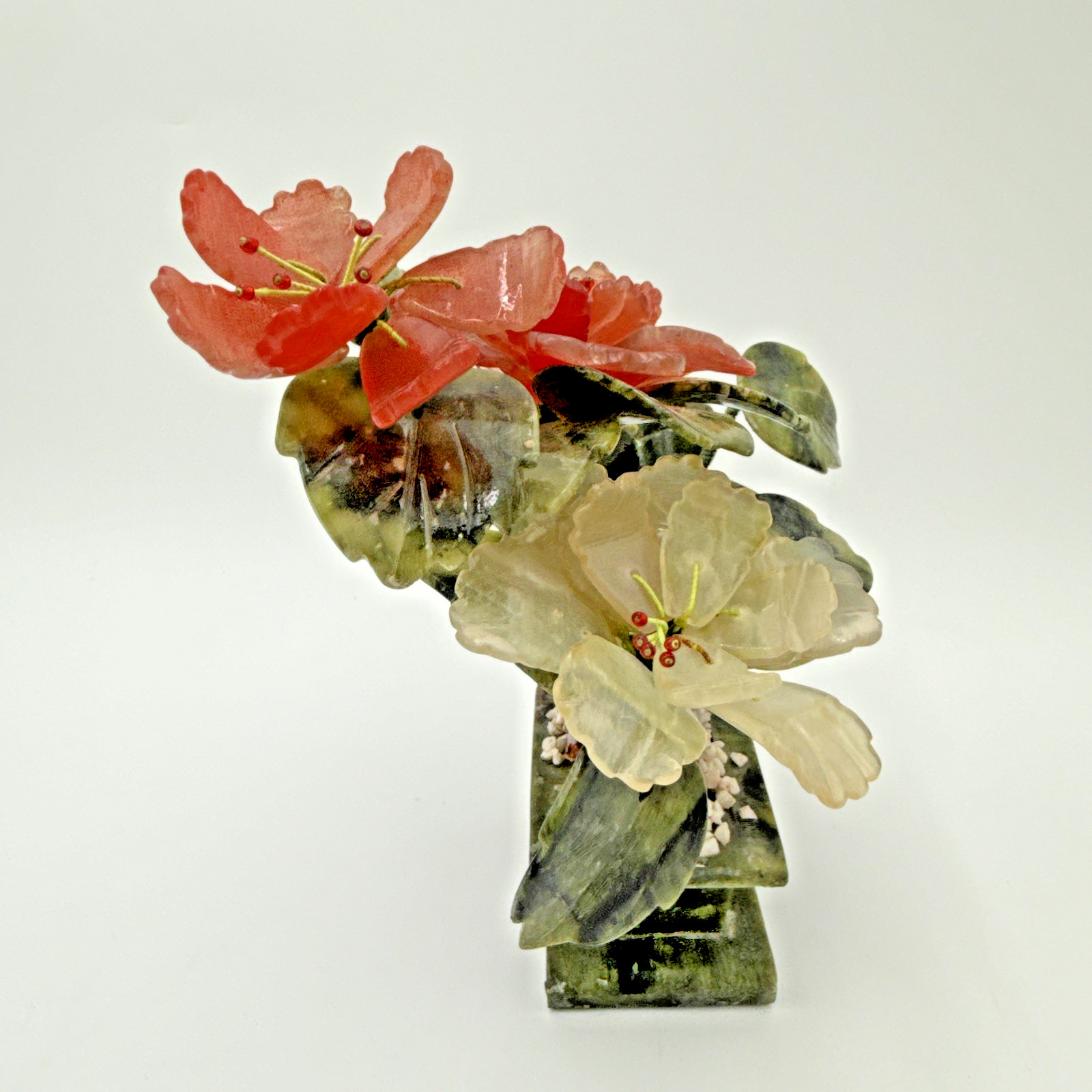 Vintage Chinese Jade Quartz Bonsai Tree Floral In Celadon Pot Carved Flower Tree