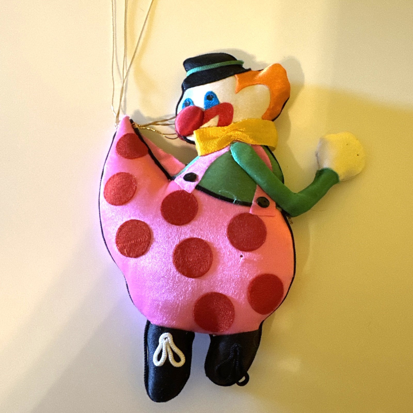 Vintage NOS 1980s Era Chinese Silk Embroidered Satin Clown And Balloons Ornament