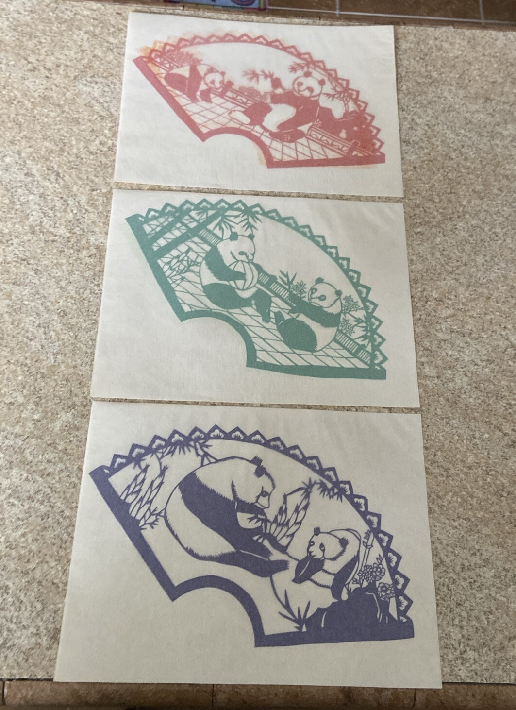 Chinese Folk Paper-Cuts, Fan Shape Panda Bears