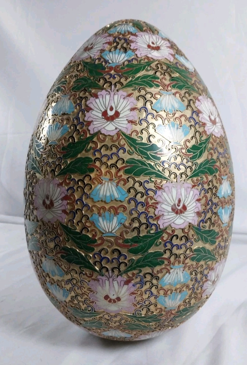 Cloisonne Egg, Large, 14″ H w/stand, 9.5″W, Multicolor Enamel in relief