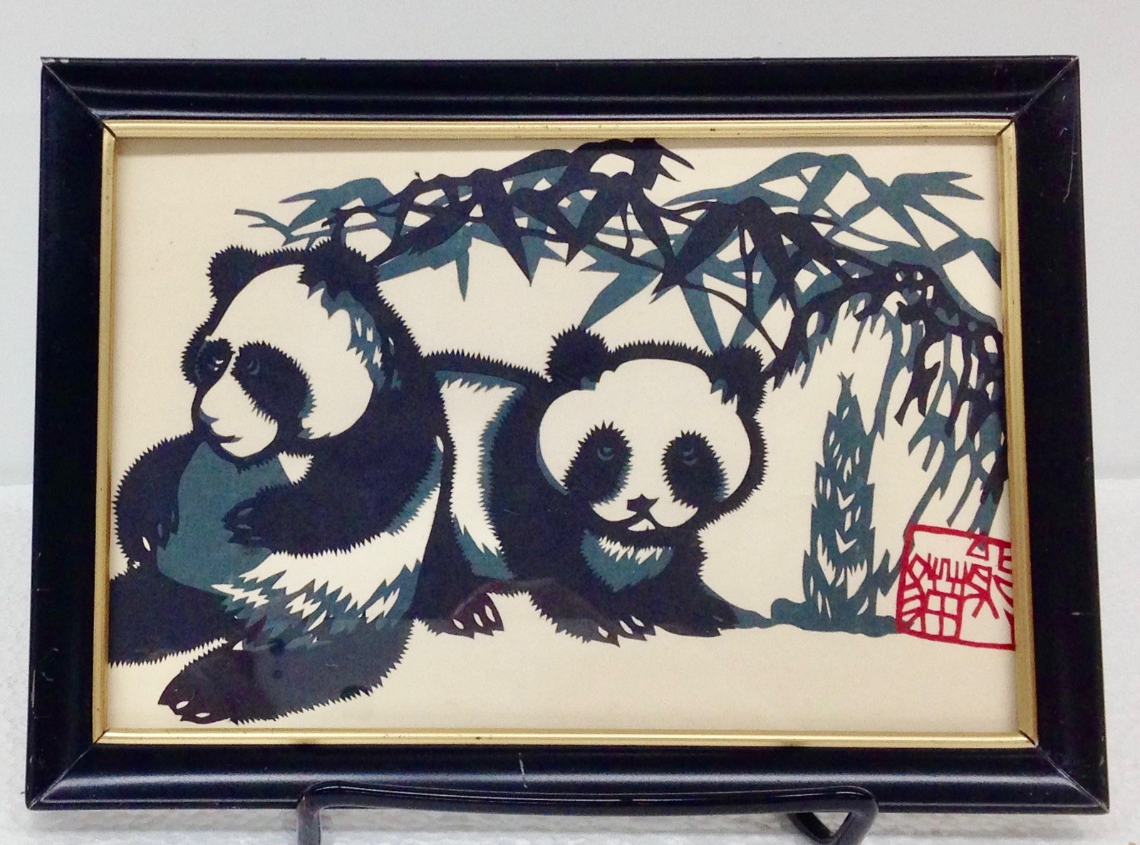 Vtg Set of TWO (2) Jianzhi Paper Cutting Art Chinese Paper Pandas – Framed 4×6″