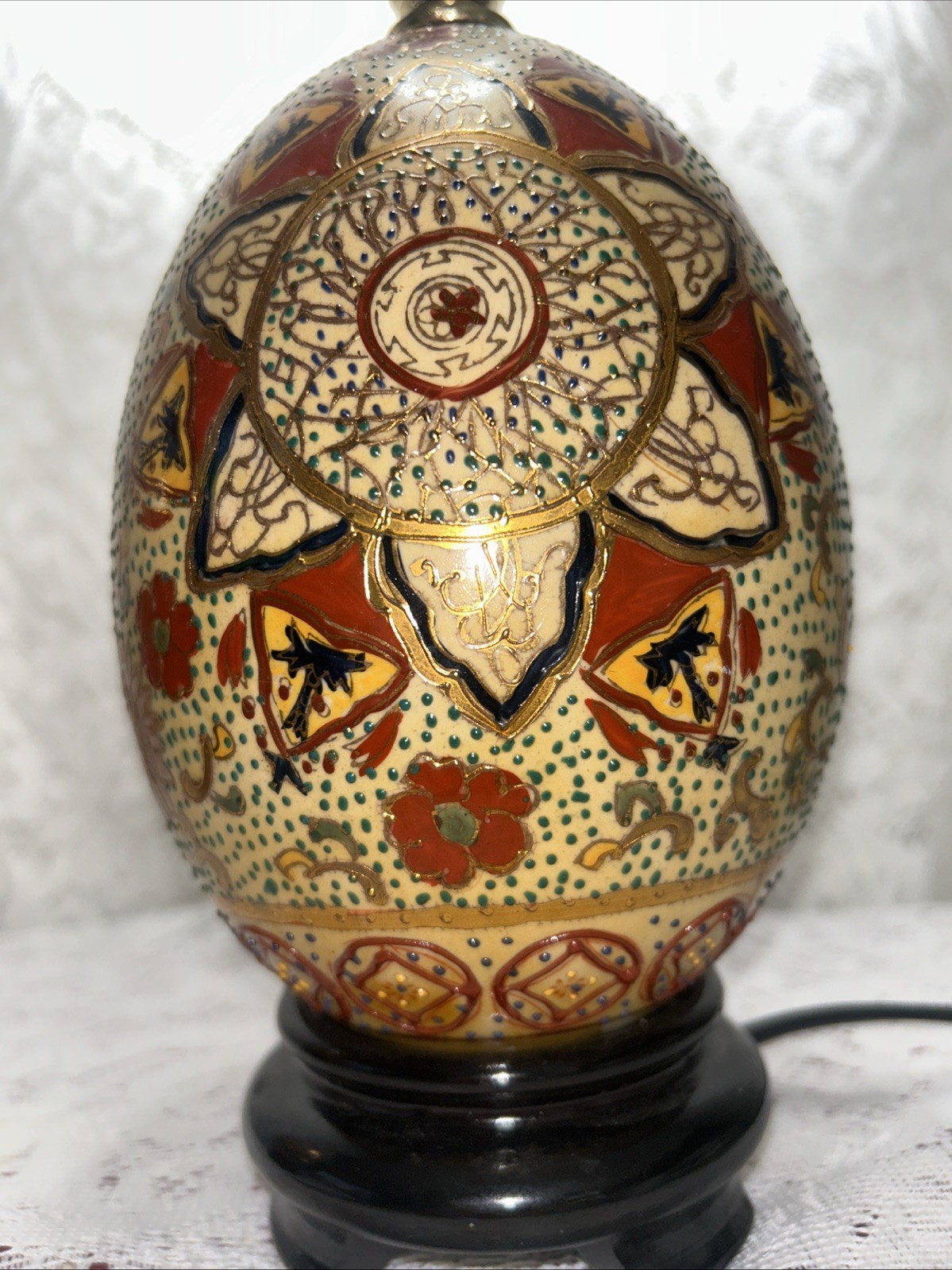 Vintage Chinese Cloisonné Ceramic Hand Painted Egg Lamps With Wood Stand