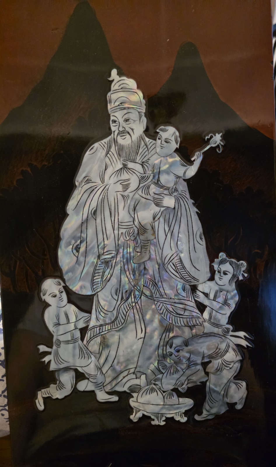 Chinese 4-Panel Black/Brown Lacquer Screen, Mother-of-Pearl Inlay Figures