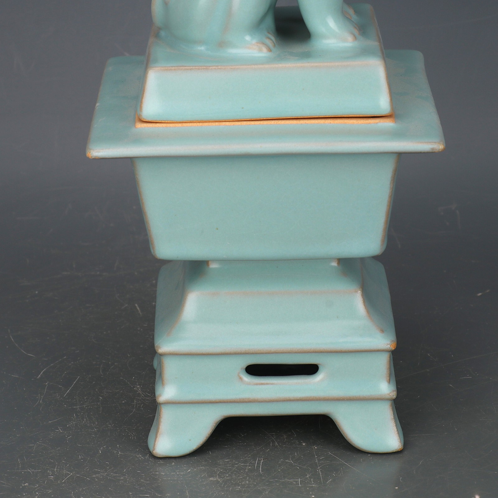 11.4″ China Song Ruyao Blue-green Glaze Porcelain Animal Lion Incense Burner