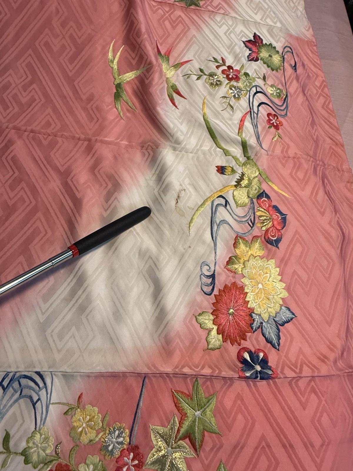 Vintage Japanese Coral Pink heavy Floral Embroidery Silk Furisode silk Lining
