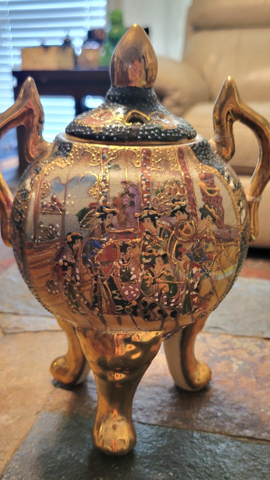 Vintage Satsuma China Incense Burner Porcelain Bowl 3 Footed W/Lid