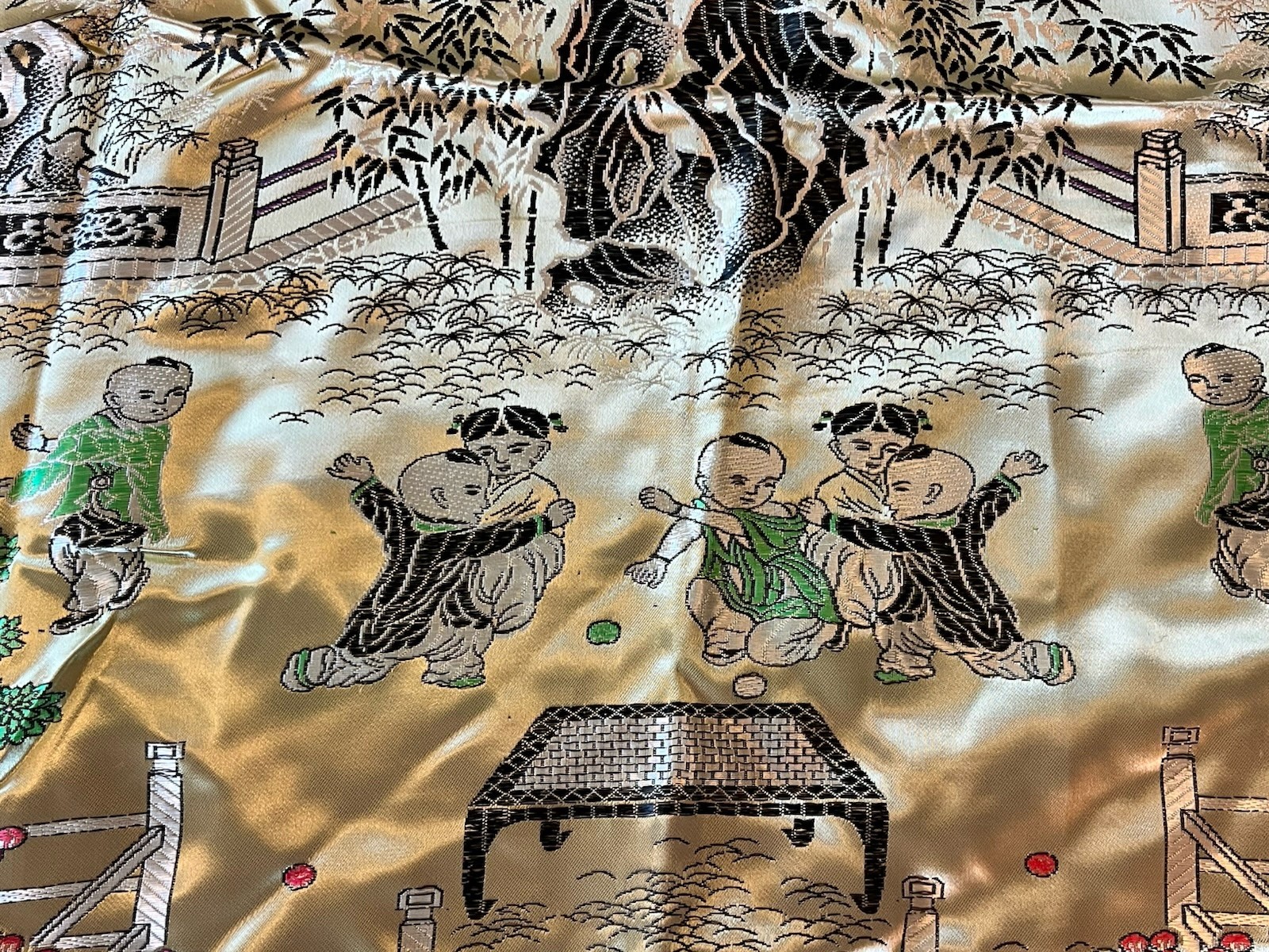 Vintage Large Chinese Silk Brocade Tablecloth Tapestry “Hundred Children” 82×86”