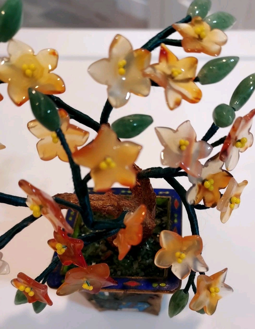 Vintage Carved Jade Tree Bonsai Flowers Cloisonne Planter Gemstones Carnelian