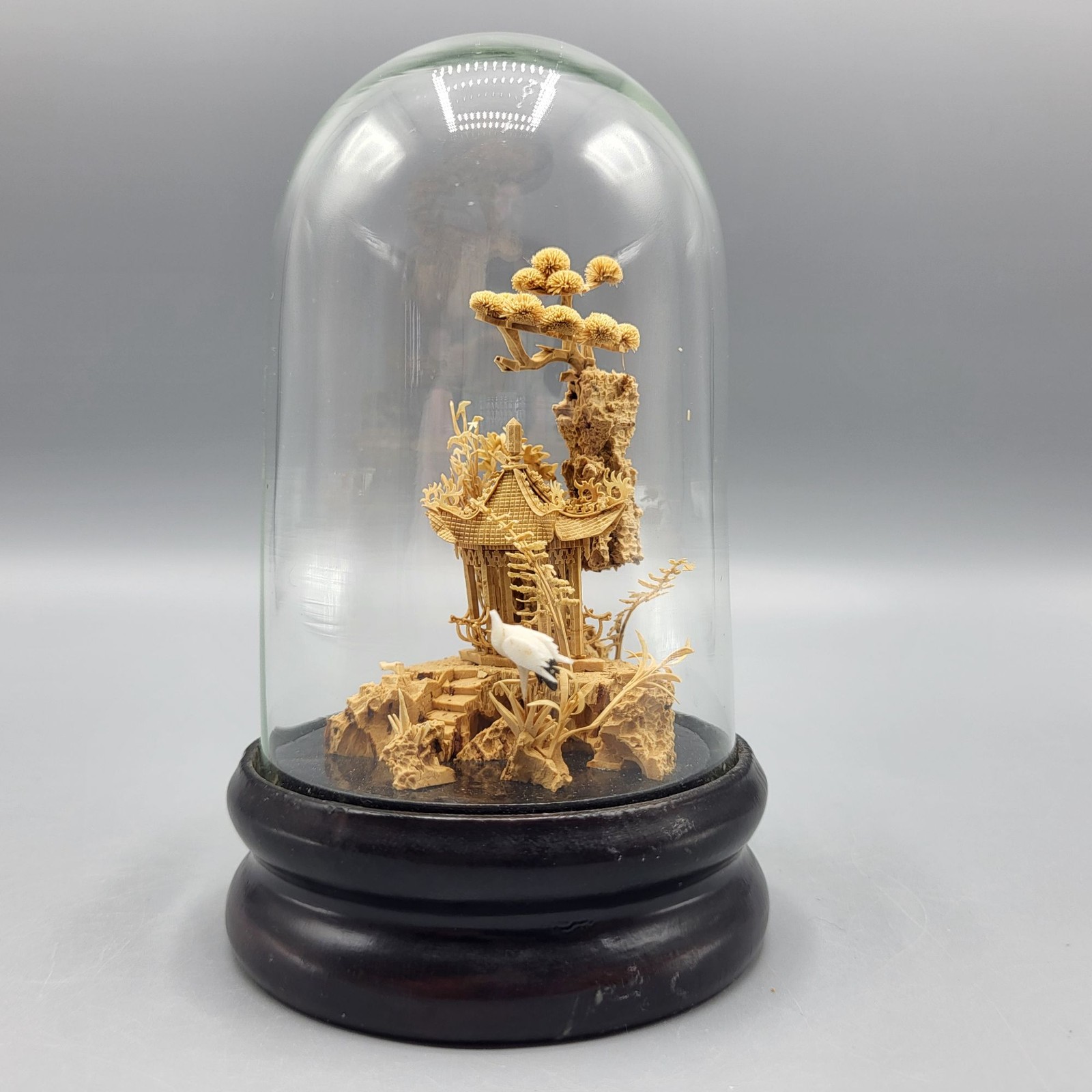 Vtg Chinese Carved Cork Diorama Glass Dome Dark Wood Base Small Shelf Decor READ