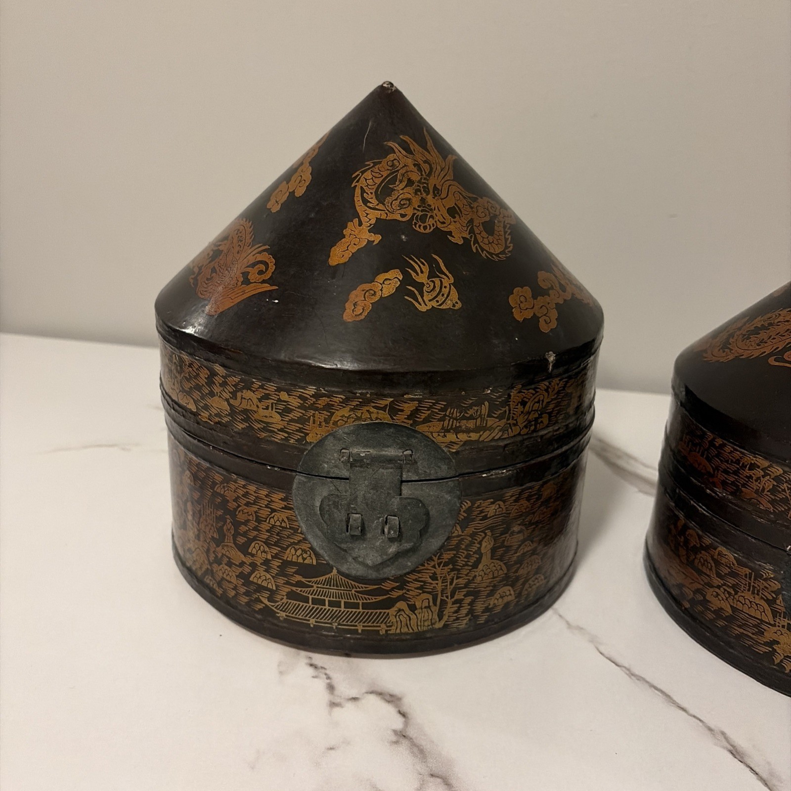 Oriental Vintage Lacquer Wooden Caddy Dresser Case Set Dragons
