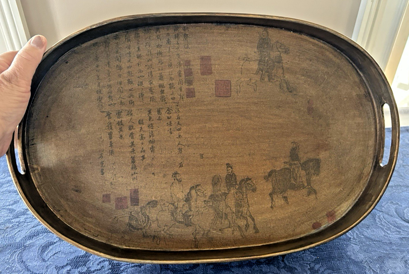 Vintage Chinese Wooden Oval Tray w/ Hand Painted Equestrian Scene, Calligraphy