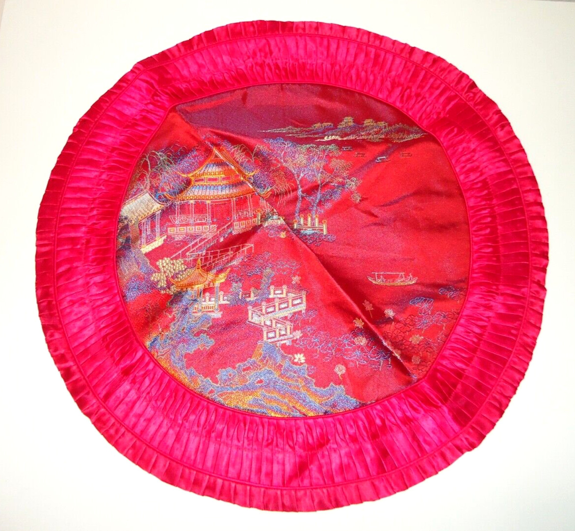 Asian Brocaded Flowers Silk Embroidered Red Round Pillowcases Size-19×19 in