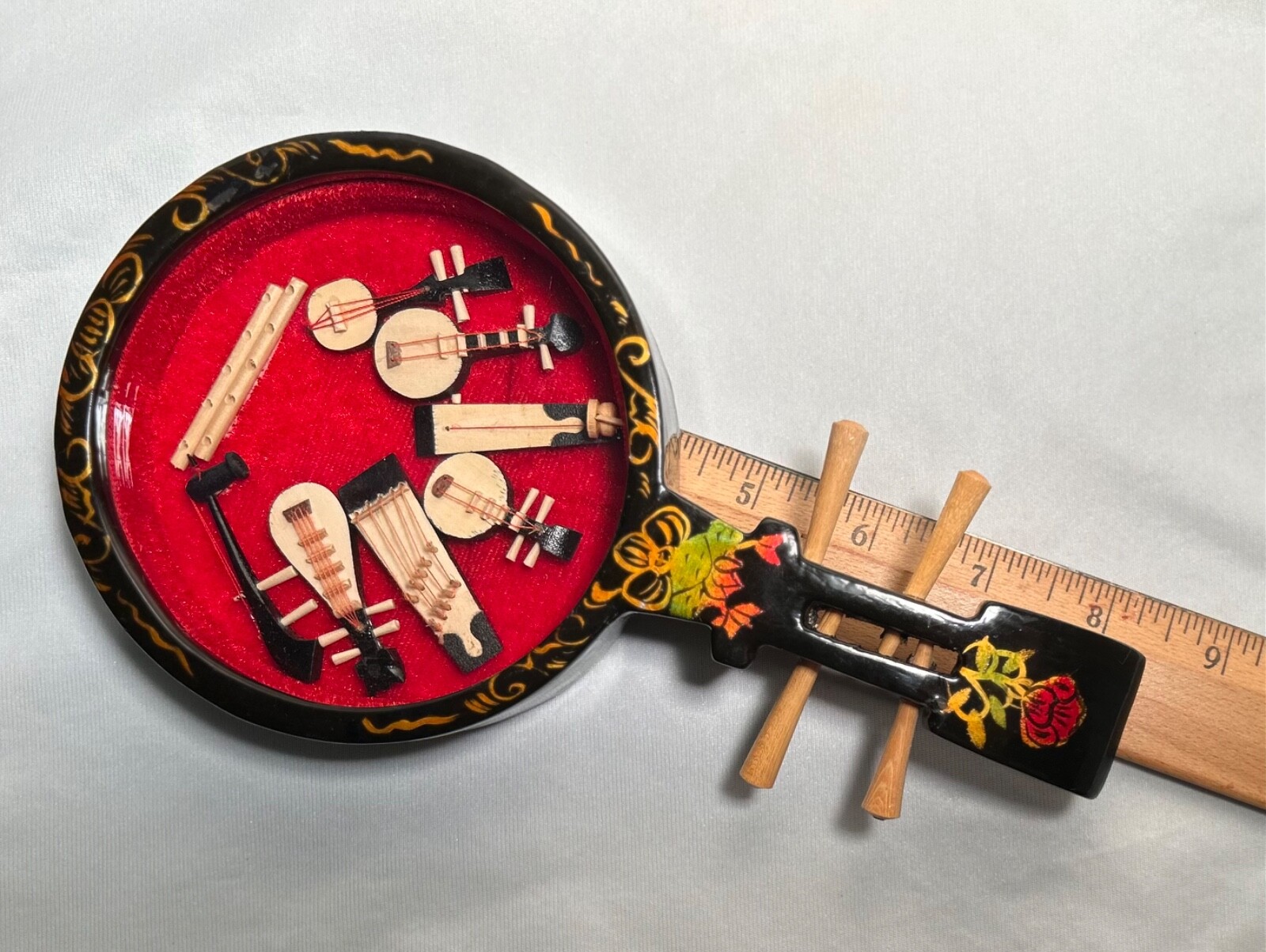 Chinese Black Lacquer Ruin-Shaped Shadow Box 8 Miniature Instruments 8.25″ READ