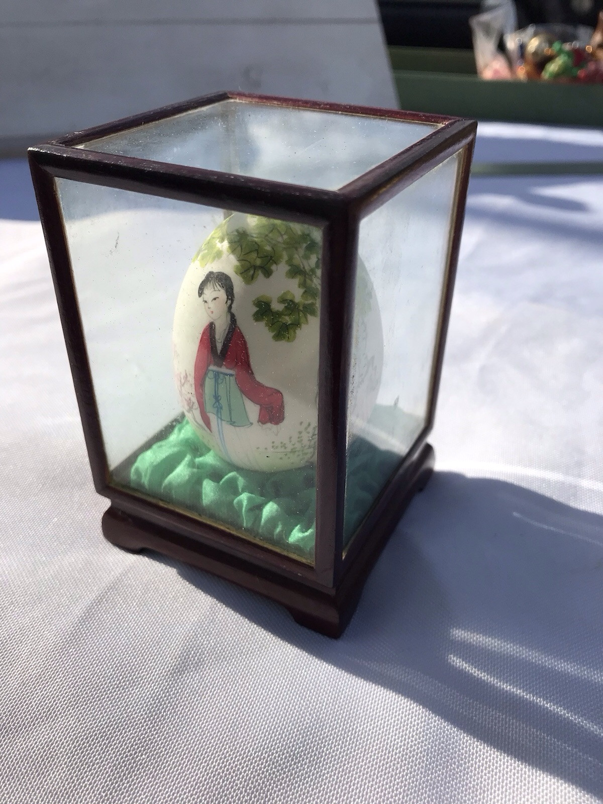 Vtg Asian Hand Painted Art Chinese Egg Display Case Home Decor Figurine Geisha