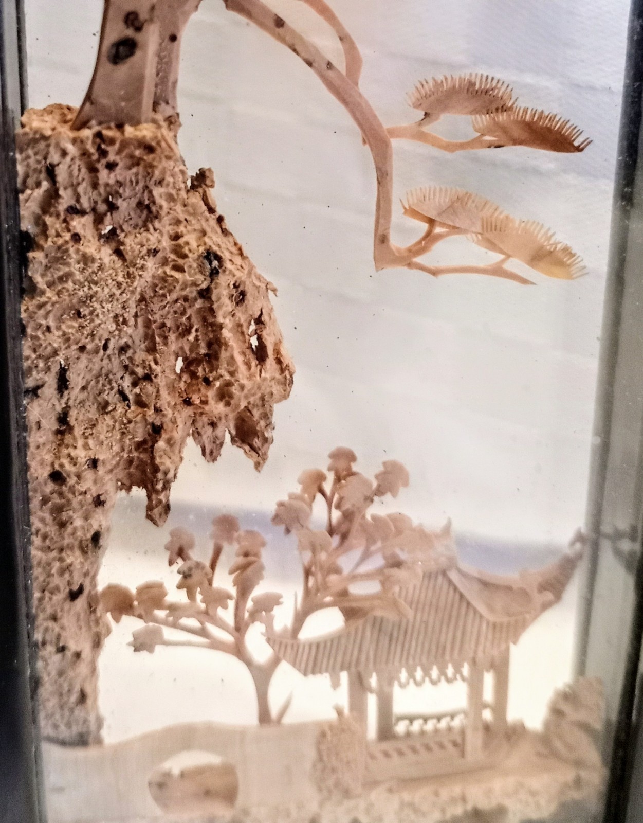 Chinese Cork Art Vintage 1980’s Miniature Screen Carved Birds, Trees, Pagodas