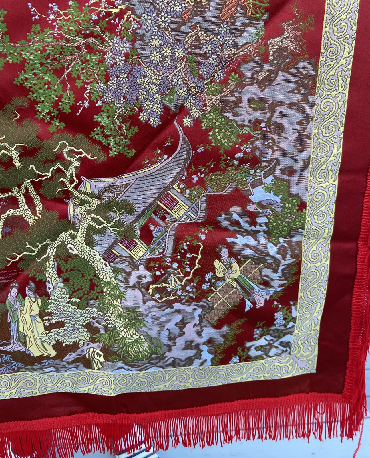 Vintage Silk Brocaded Flowers China Tapestry or Table Cloth Vivid Colors Fringe