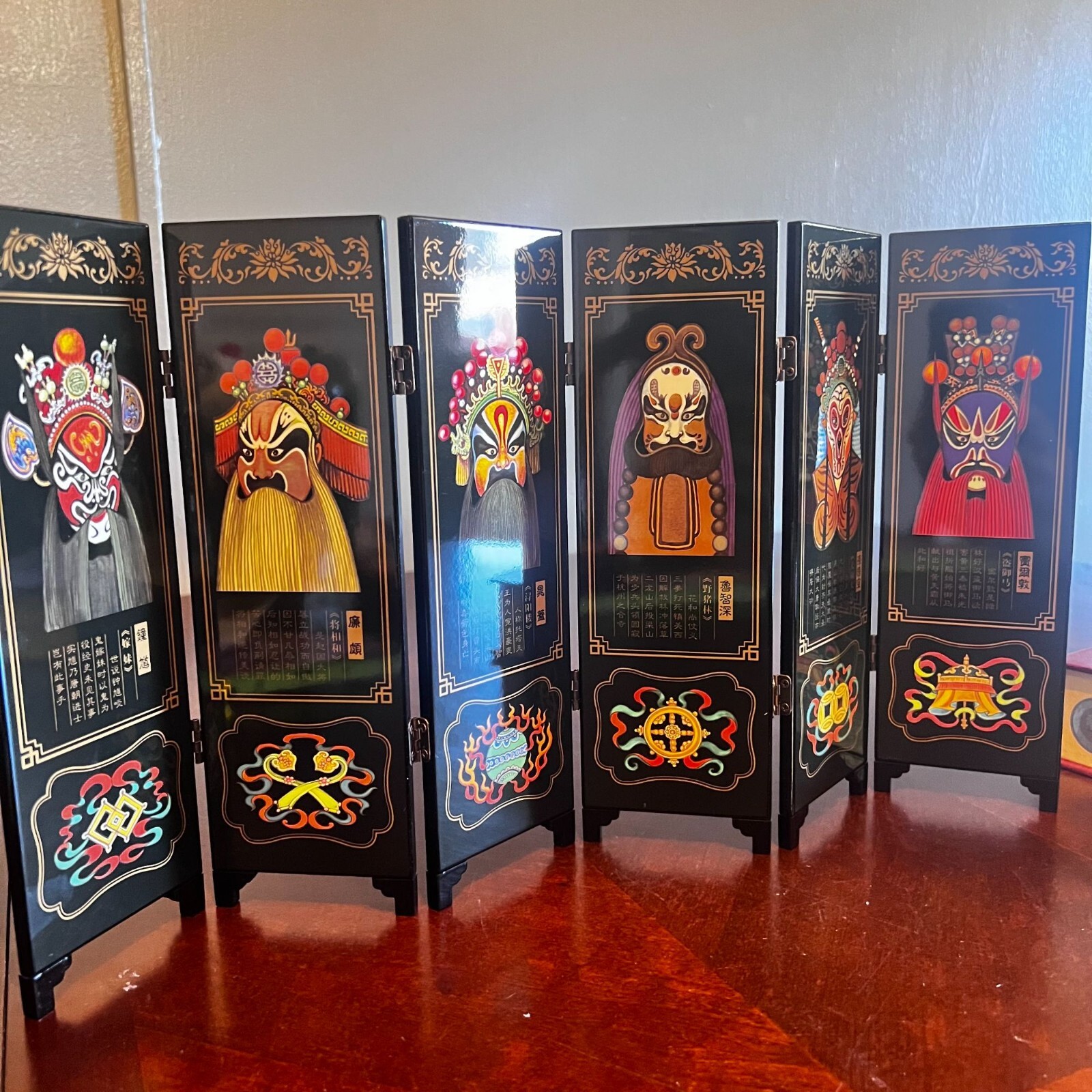 Miniature Black Lacquer 6-Panel Folding Scree home decor Asian Peking Opera Mask