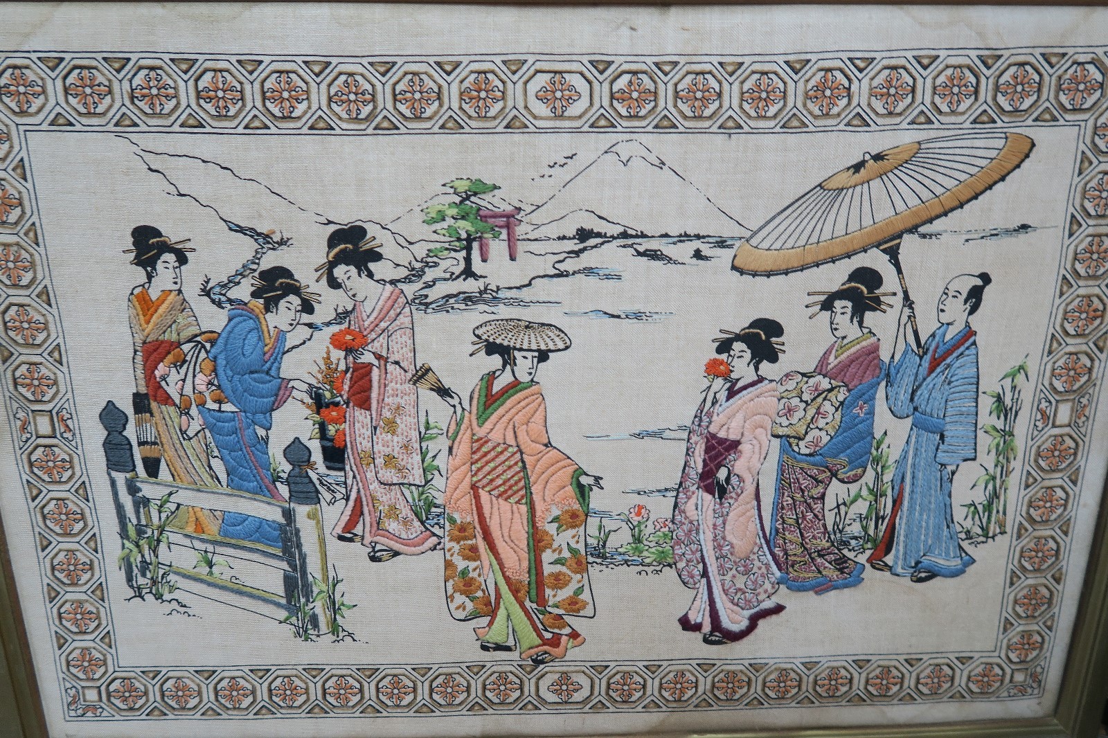 Asian Embroidery Over Painted Canvas Geishas Framed 19″ x 29″ – 22″ x 32″