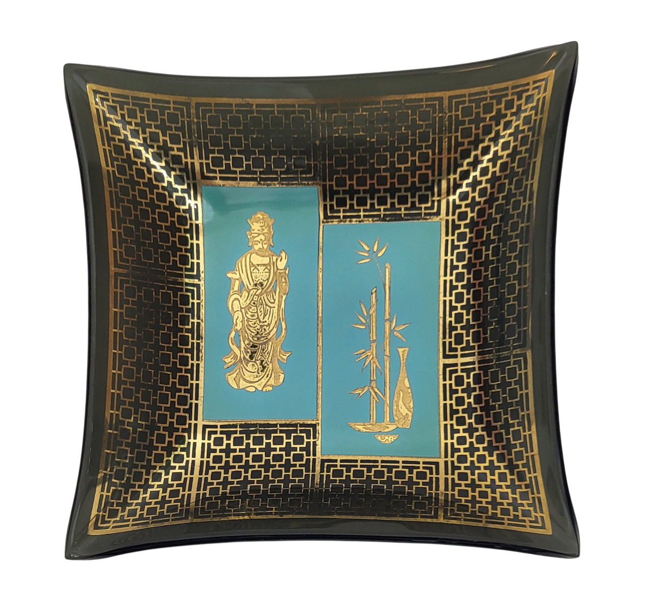 Chinese Goddess Square Black Glass & 24K Gold Ash Tray Trinket Dish Set of 2