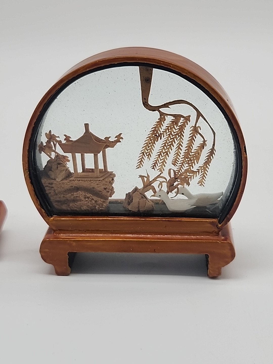 3 VTG Chinese Oriental Asian CORK Carving DIORAMA Art 3D Cranes Shadow Box Panda