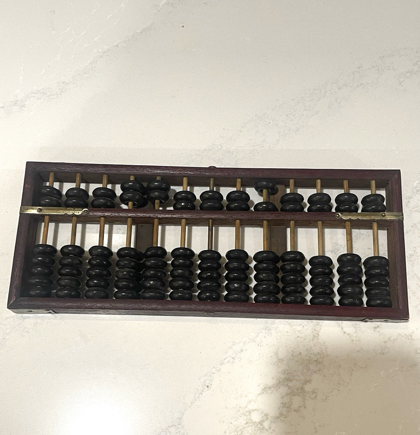Vintage Abacus Brass Corners Chinese style Calculator Dark Wood 11 x 4.5 inch