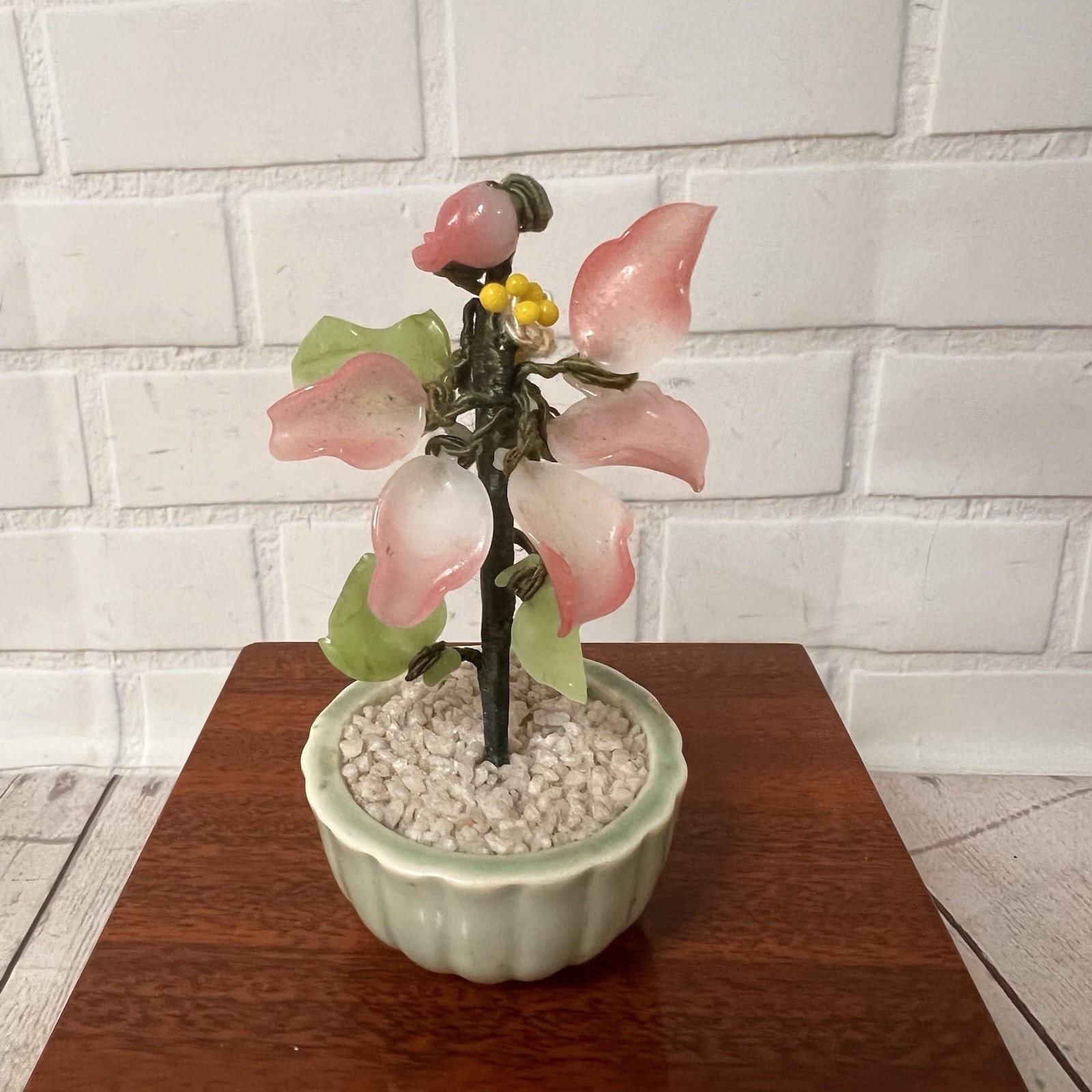 Vintage Jade Glass Bonsai Tree pink Flower Rose Quartz Celadon Pot small 4”