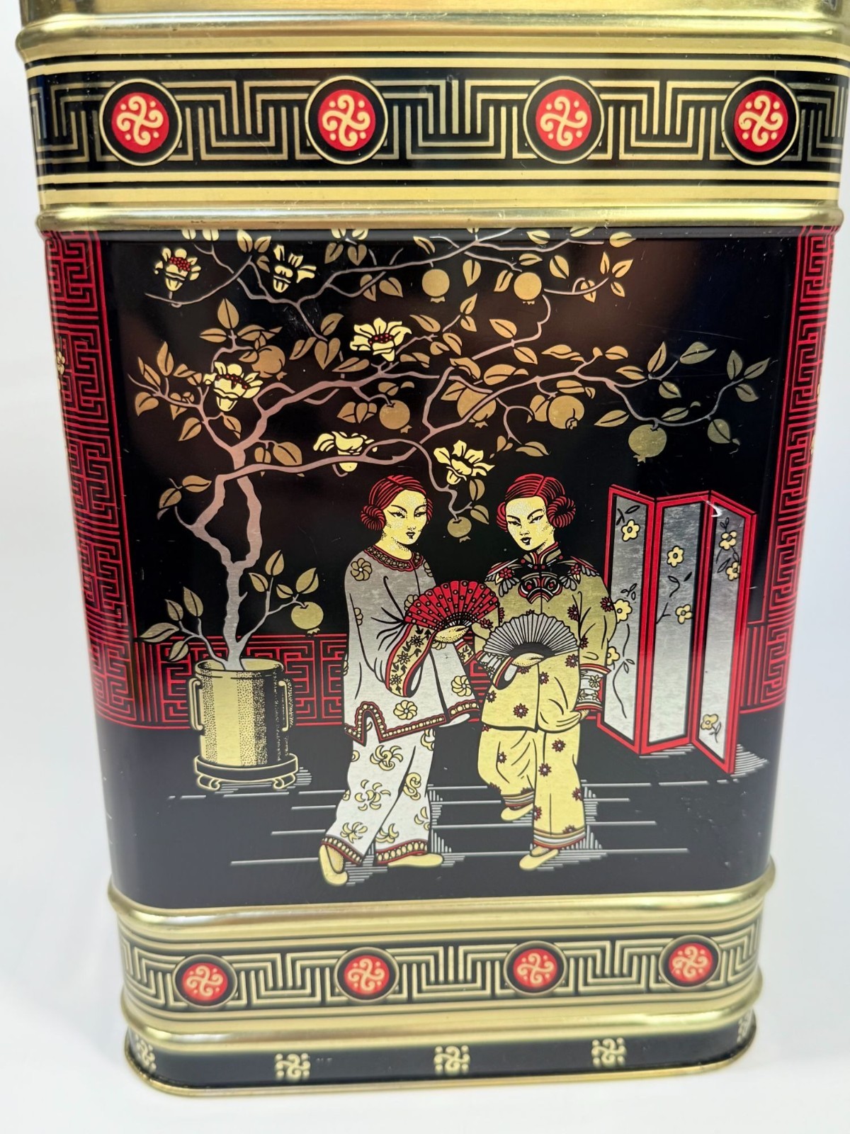 English Tea Tin Caddy Vintage 1970s Chinese Hinged Lid Black Red Gold Cranes Asi