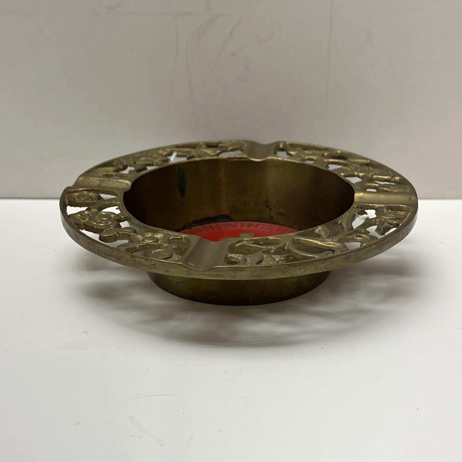 Vintage Chinese Brass Red Enamel Ashtray flower cutouts 5″ diameter X 1″