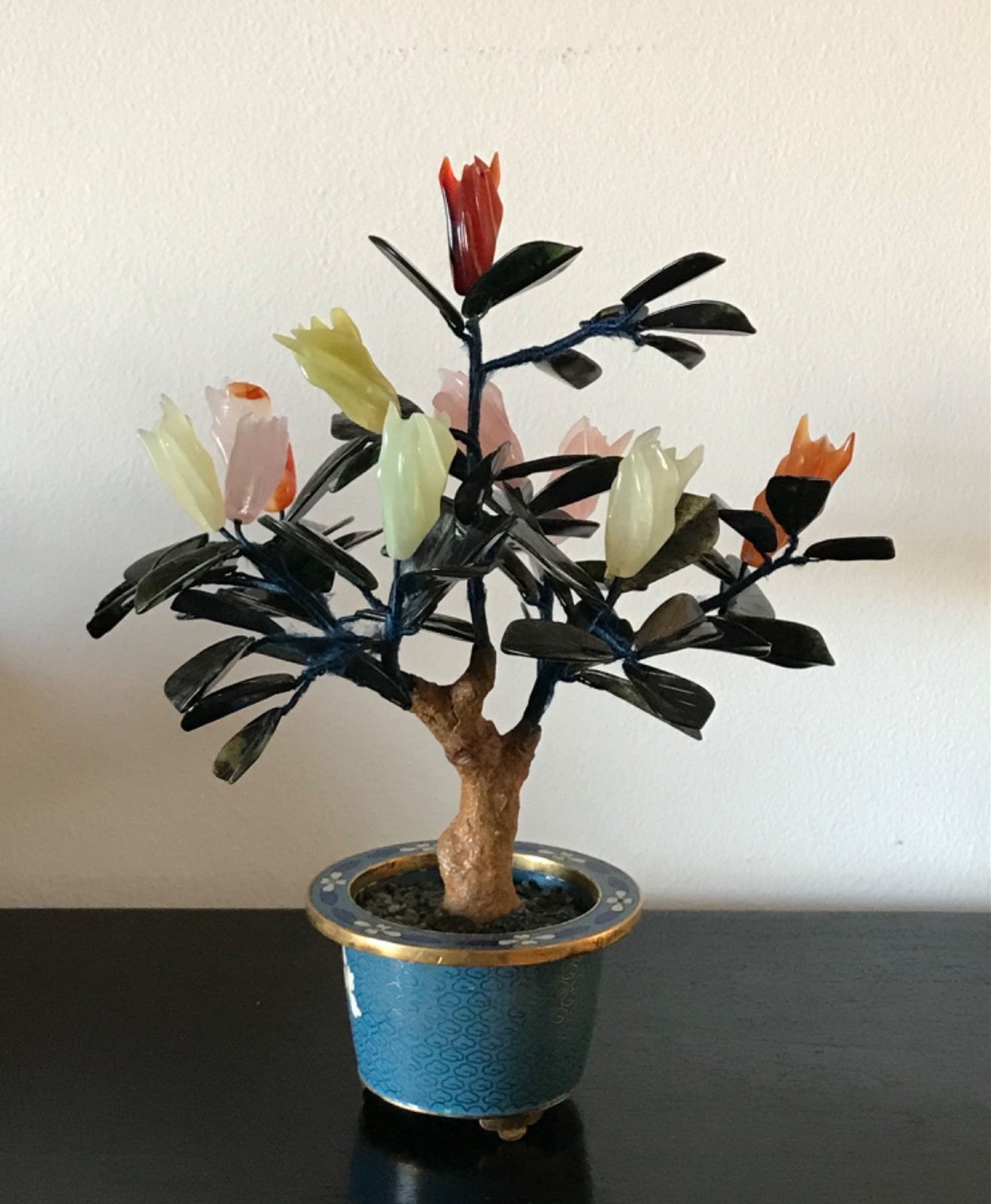 Chinese Vintage Jade Buddha’s hand Tree in Cloisonne Pot 10.5″ Inches Tall