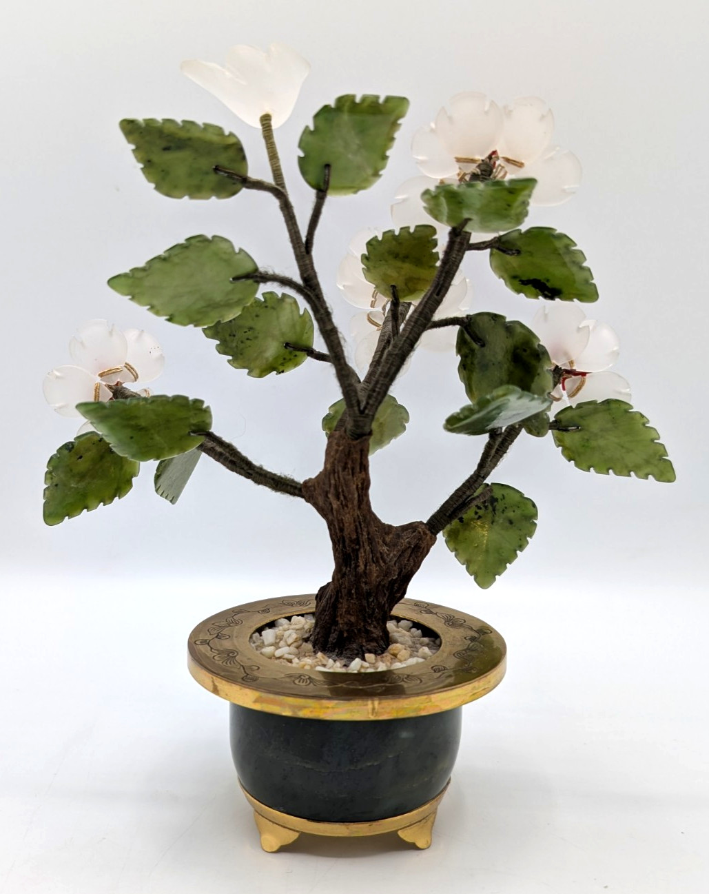 Bonsai Tree Sculpture 8 inch Semi Precious Stones Jade Brass Pot Hong Kong