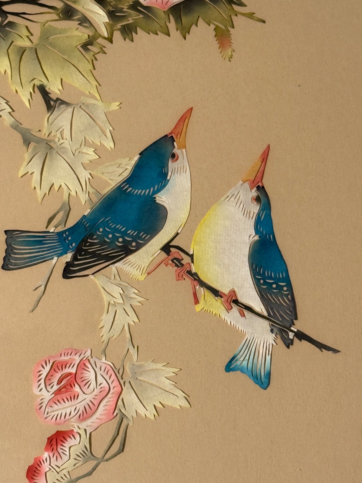 Vintage Asian Hand-Cut Bird & Flower Gouache Painting – Mid-Century Chinese ART