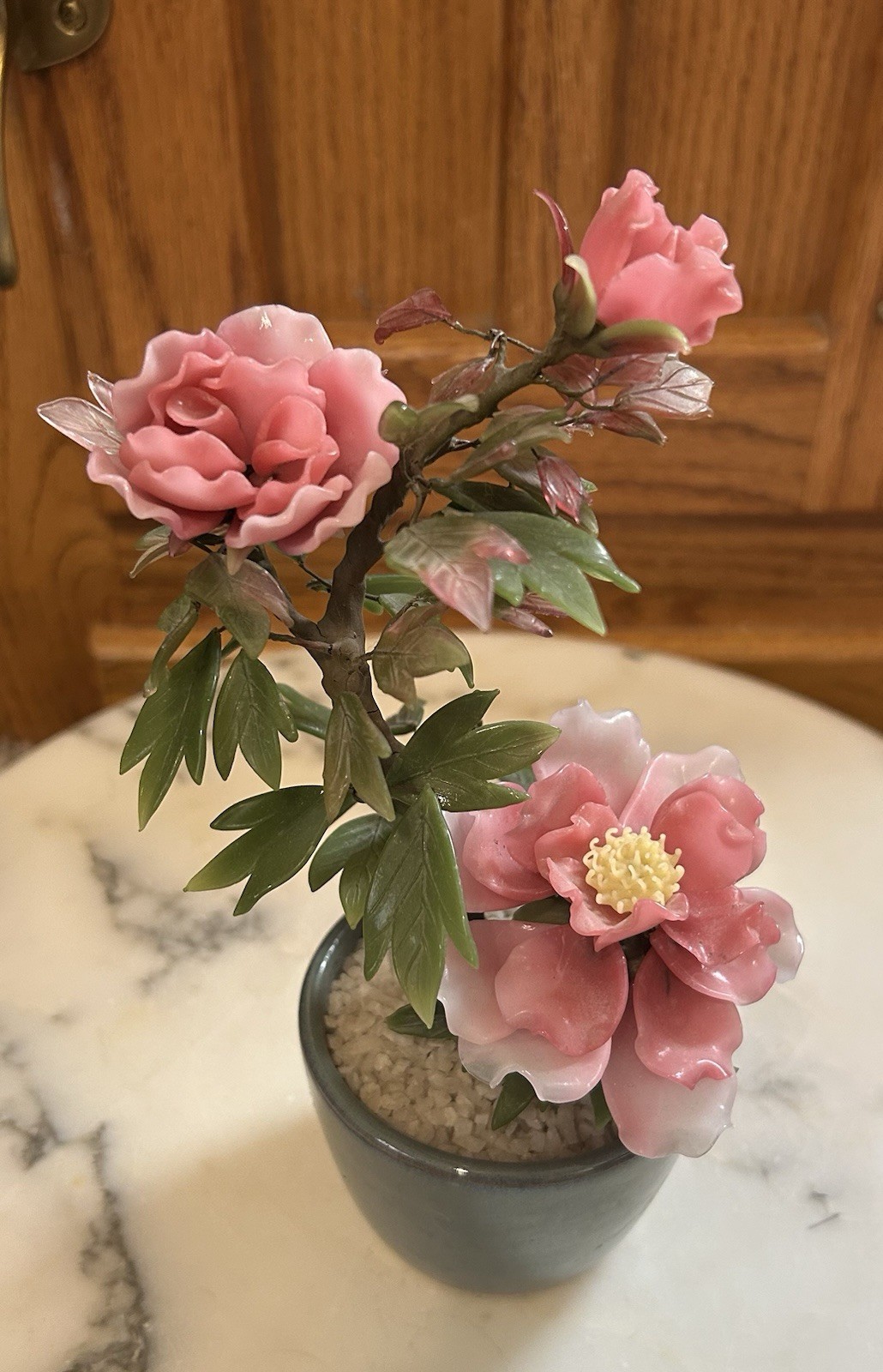Vintage Chinese Jade Glass Leaves Pink Peony Flowers Bonsai Tree Green Celadon