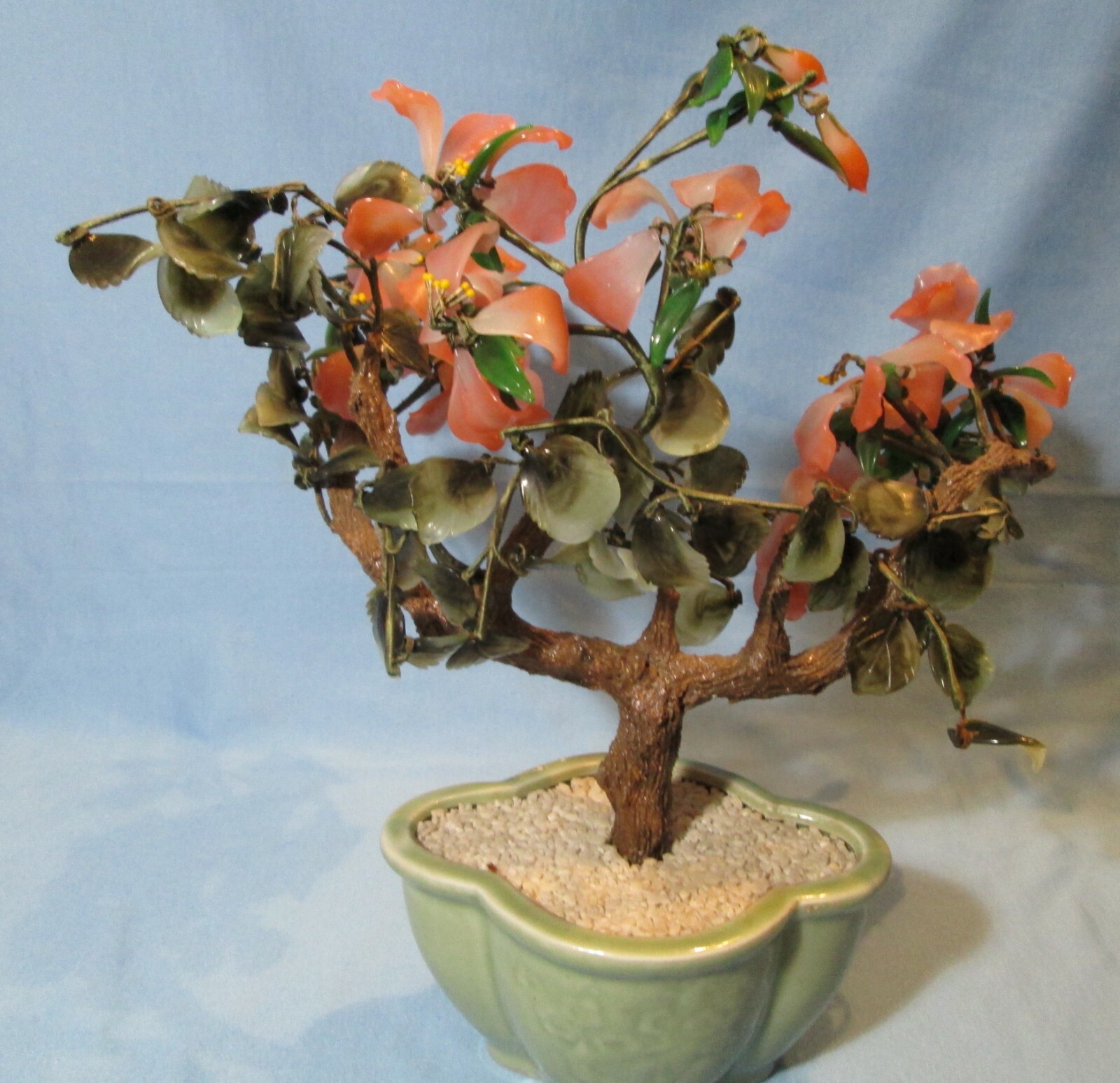 Antique JADE & AGATE Bonsai Tree ~ Asian Flowers in Celadon Pot LARGE 14″ tc