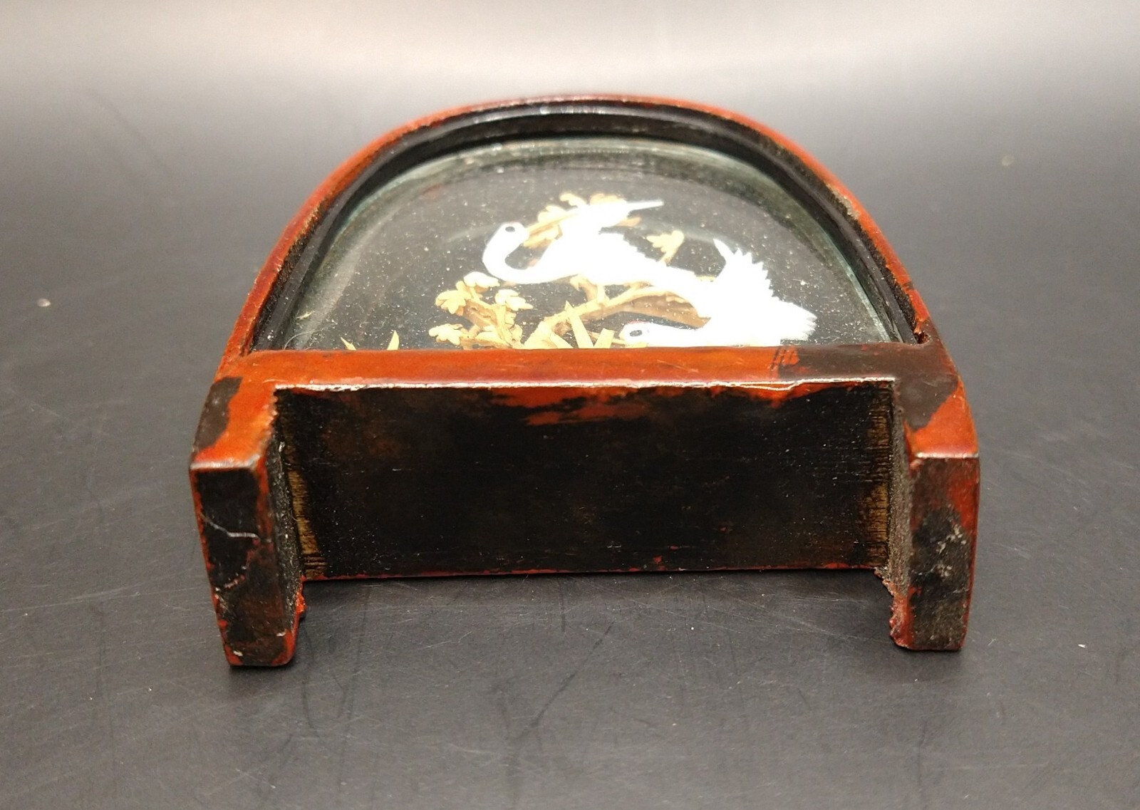 Vintage Chinese Cork Small Diorama Cranes & Trees Arch Shaped Lacquered Wood
