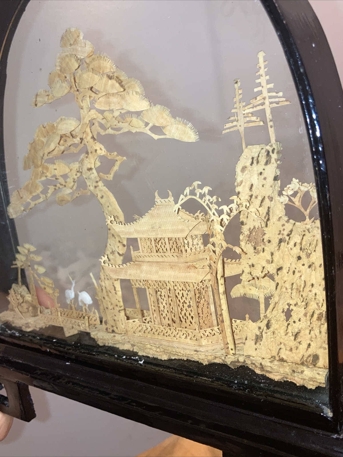 VINTAGE CHINESE SAN YOU DIORAMA CORK CARVING GLASS CASE PAGODA TREES & CRANES