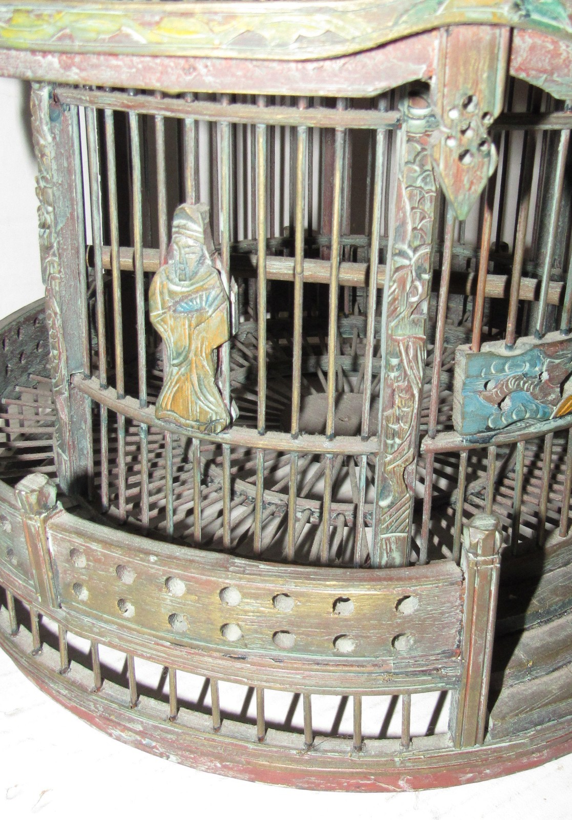 Vintage Chinese Wood Carved Pagoda Bird Cage, Oriental Geisha, Round