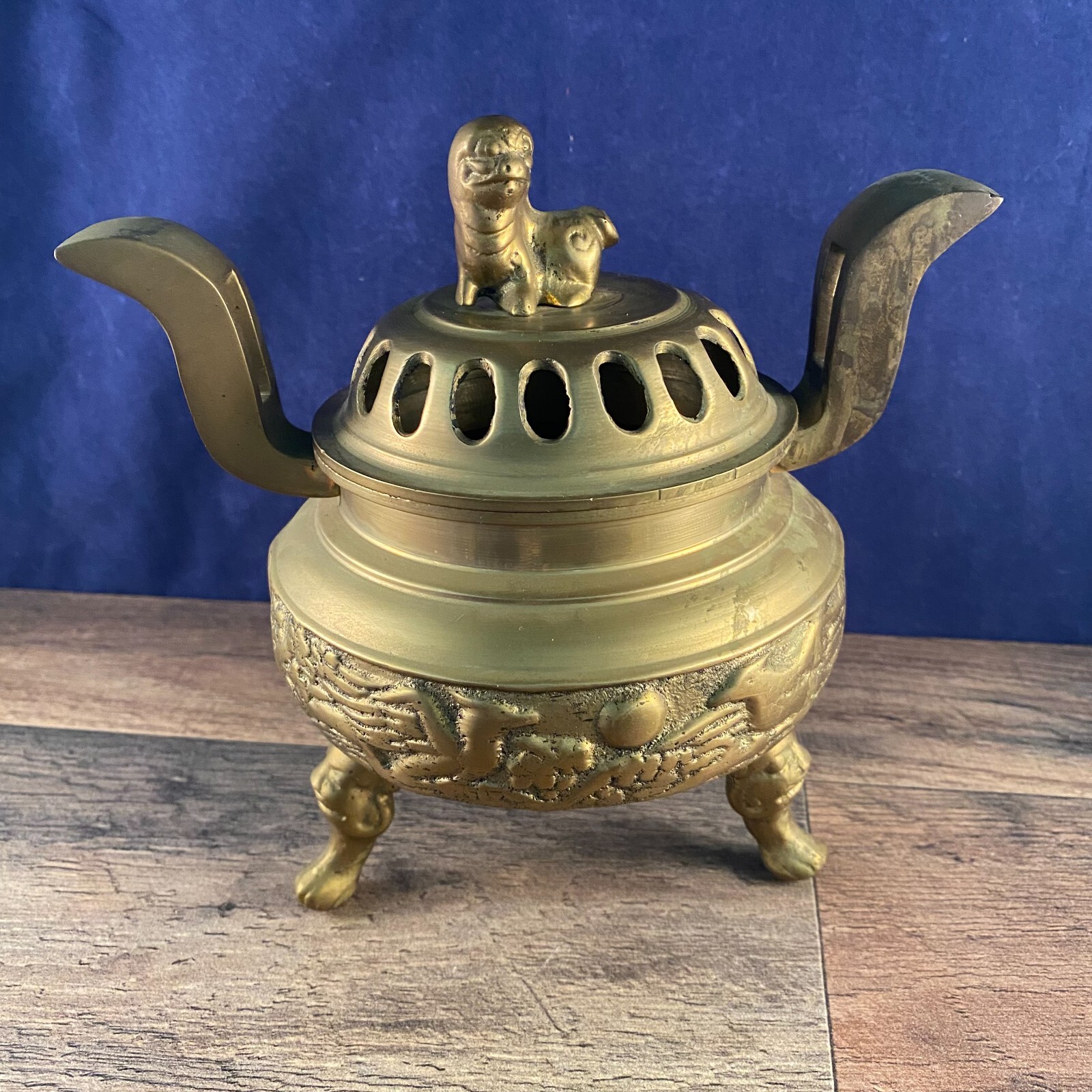Vintage Asian Three Footed Solid Brass Incense Burner Foo Dog Lid Dragon Base
