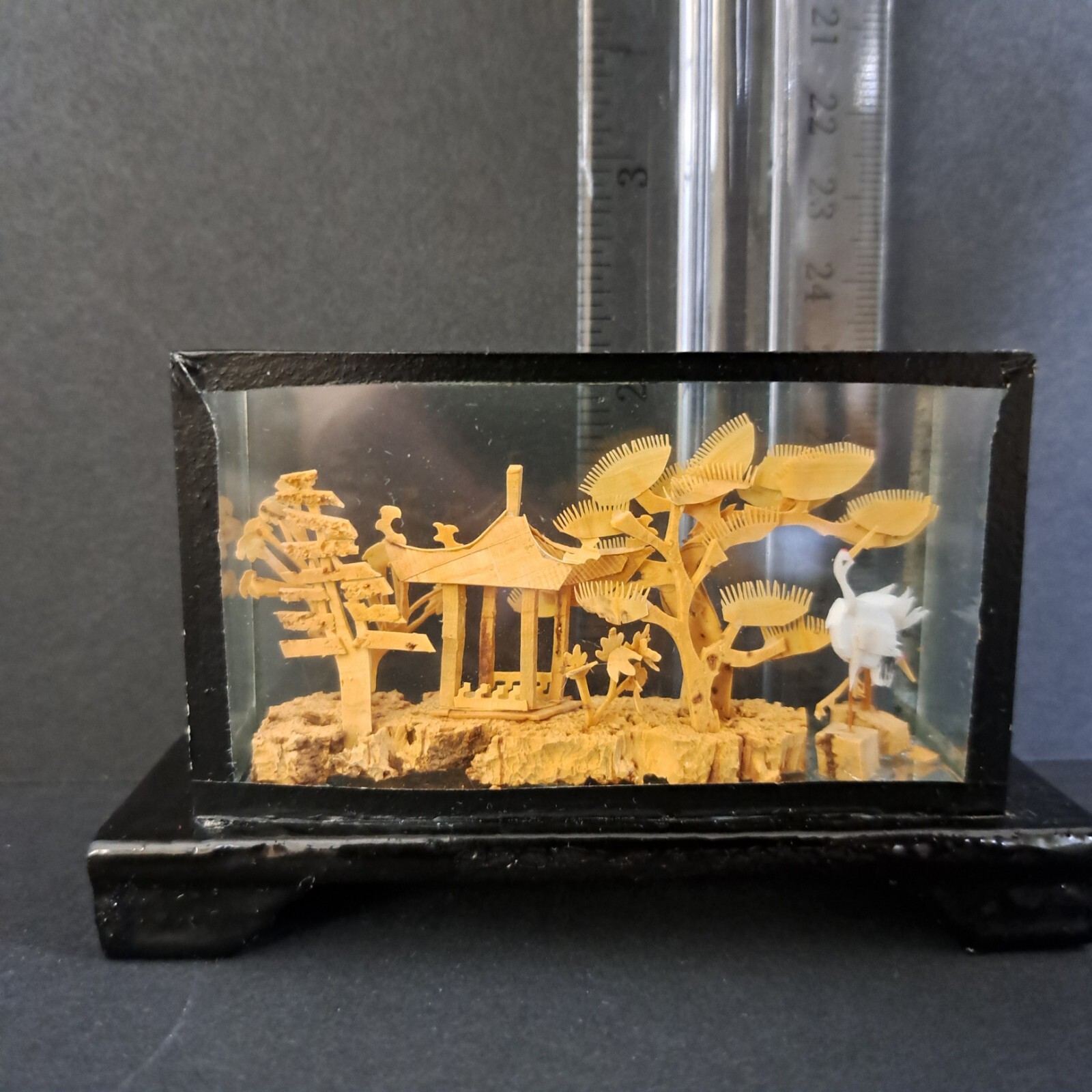 Carved Chinese Cork Diorama Shadow Box Sculpture In Glass Cranes Trees Pagoda