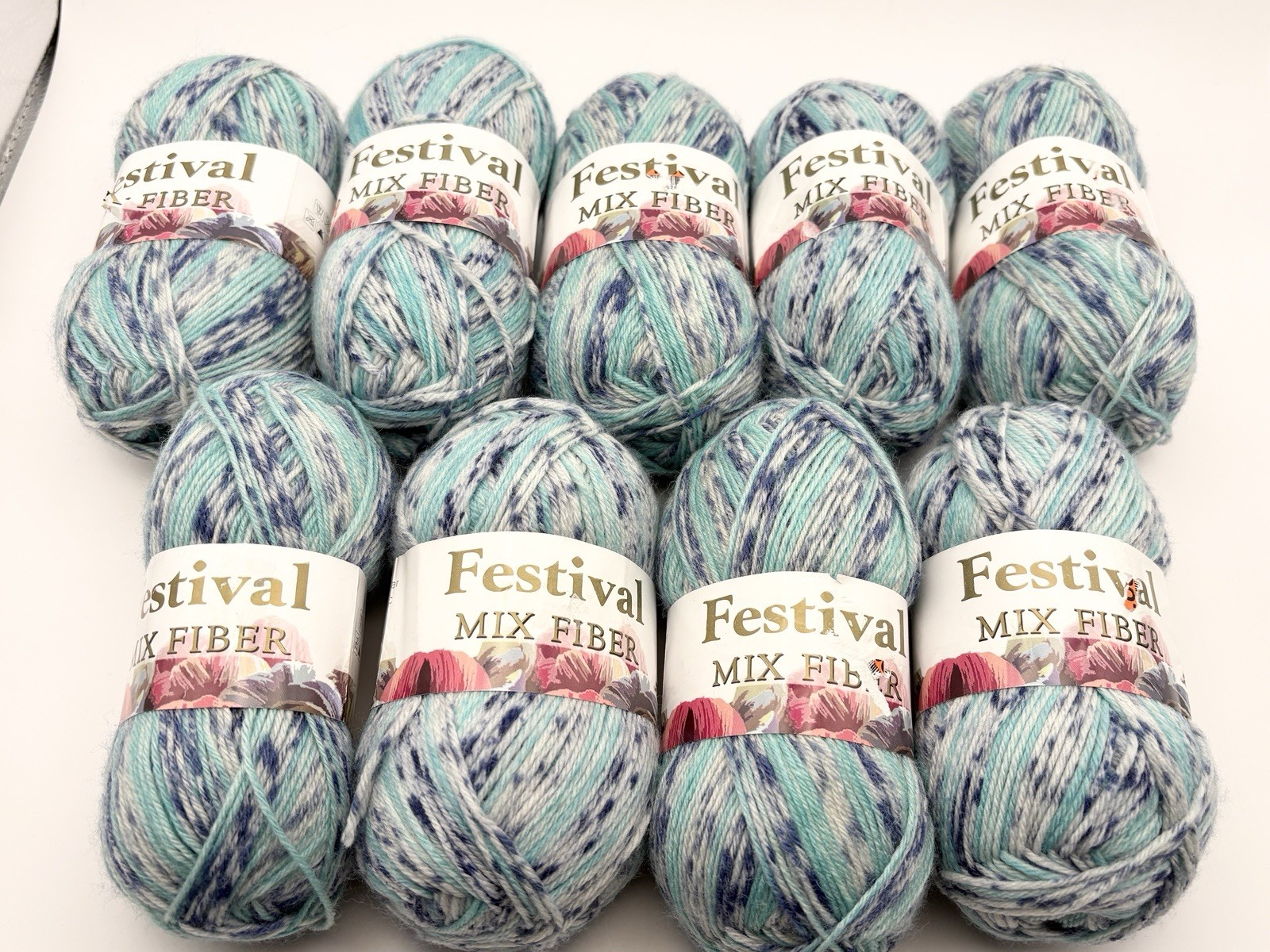 Lot of 9 Festival Mix Fiber Acrylic Sport ‘Blue Speckle’ 120yd+ Stripe