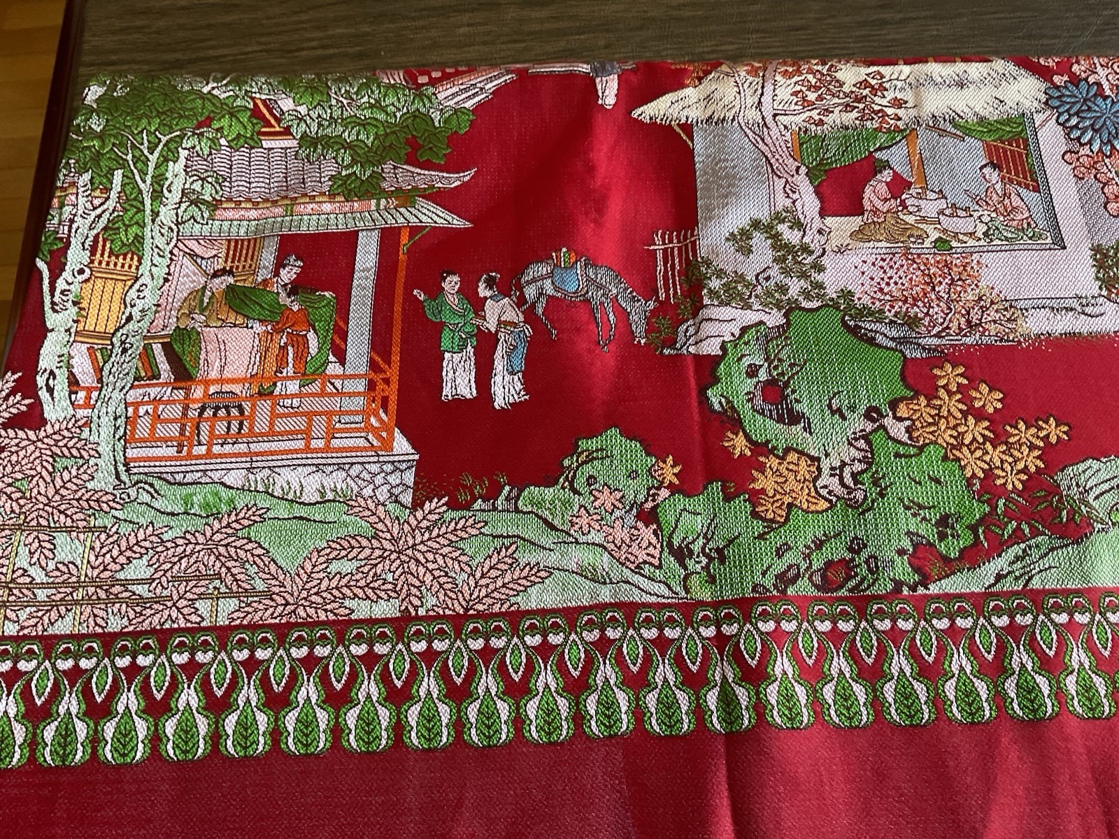 Vintage Brocaded Flowers brand Chinese Red Silk Tapestry Tablecloth 80″x54″