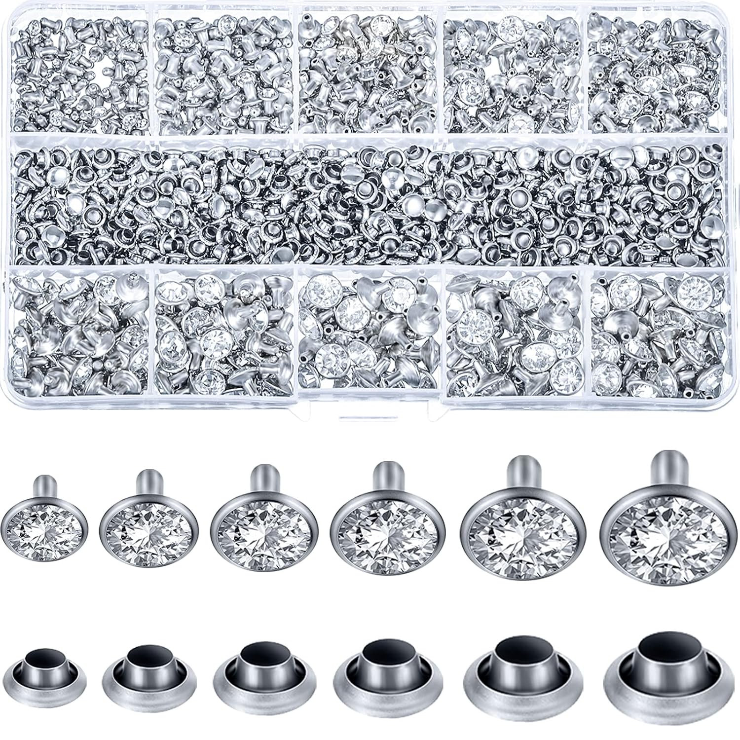 600 Sets 6 Sizes White Clear Rhinestone Rivets Crystal Rapid Rhinestone Stud Sil
