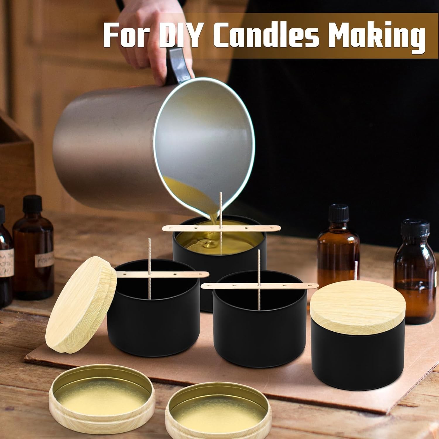 12 PCS Candle Jars 8oz Tins Metal Wood-Grain Printing Lids Empty Bulk Black