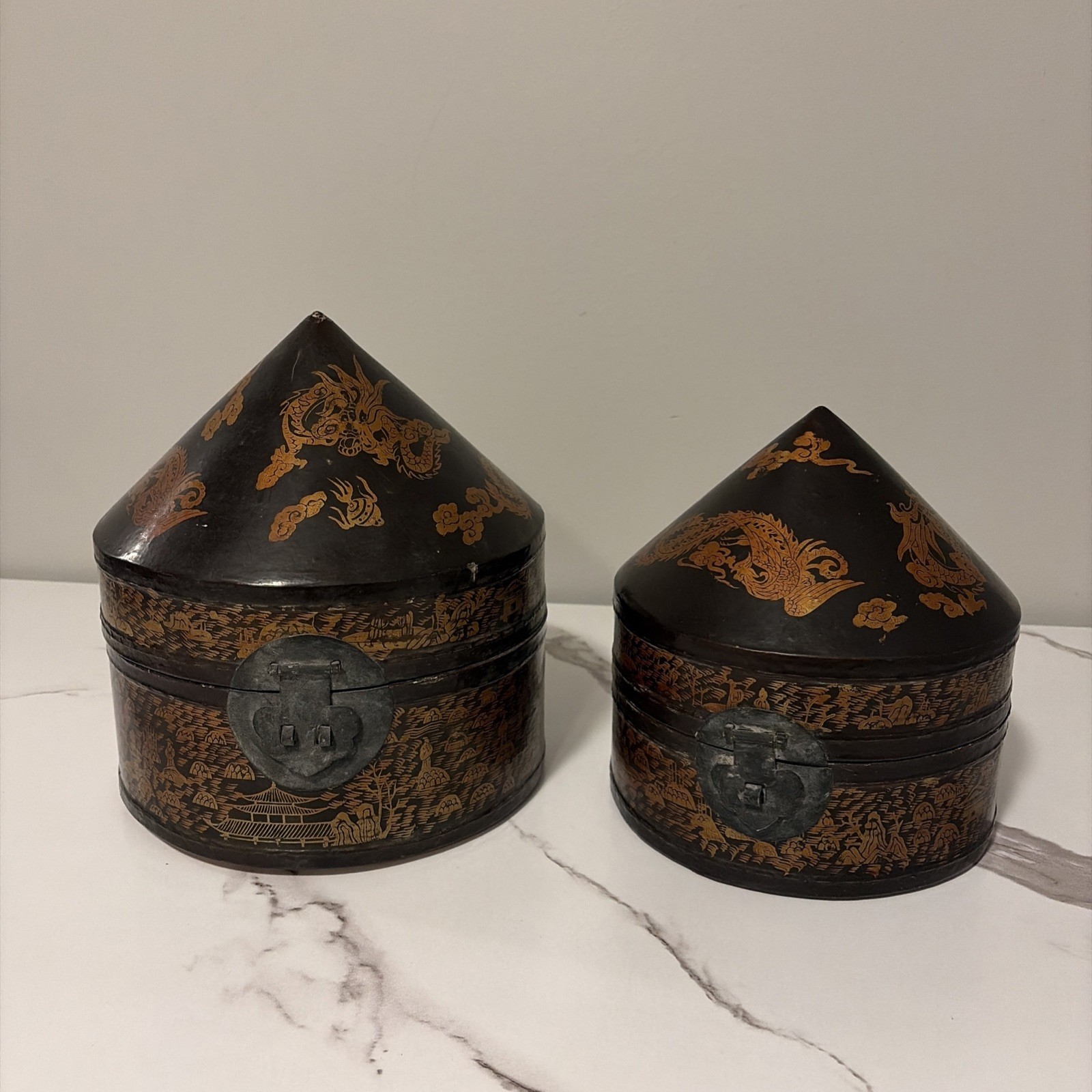 Oriental Vintage Lacquer Wooden Caddy Dresser Case Set Dragons