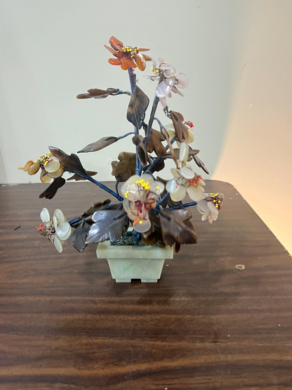 Vintage Chinese Jade and Quartz Hand Carved Flower Tree with Soapstones 10 1/2″