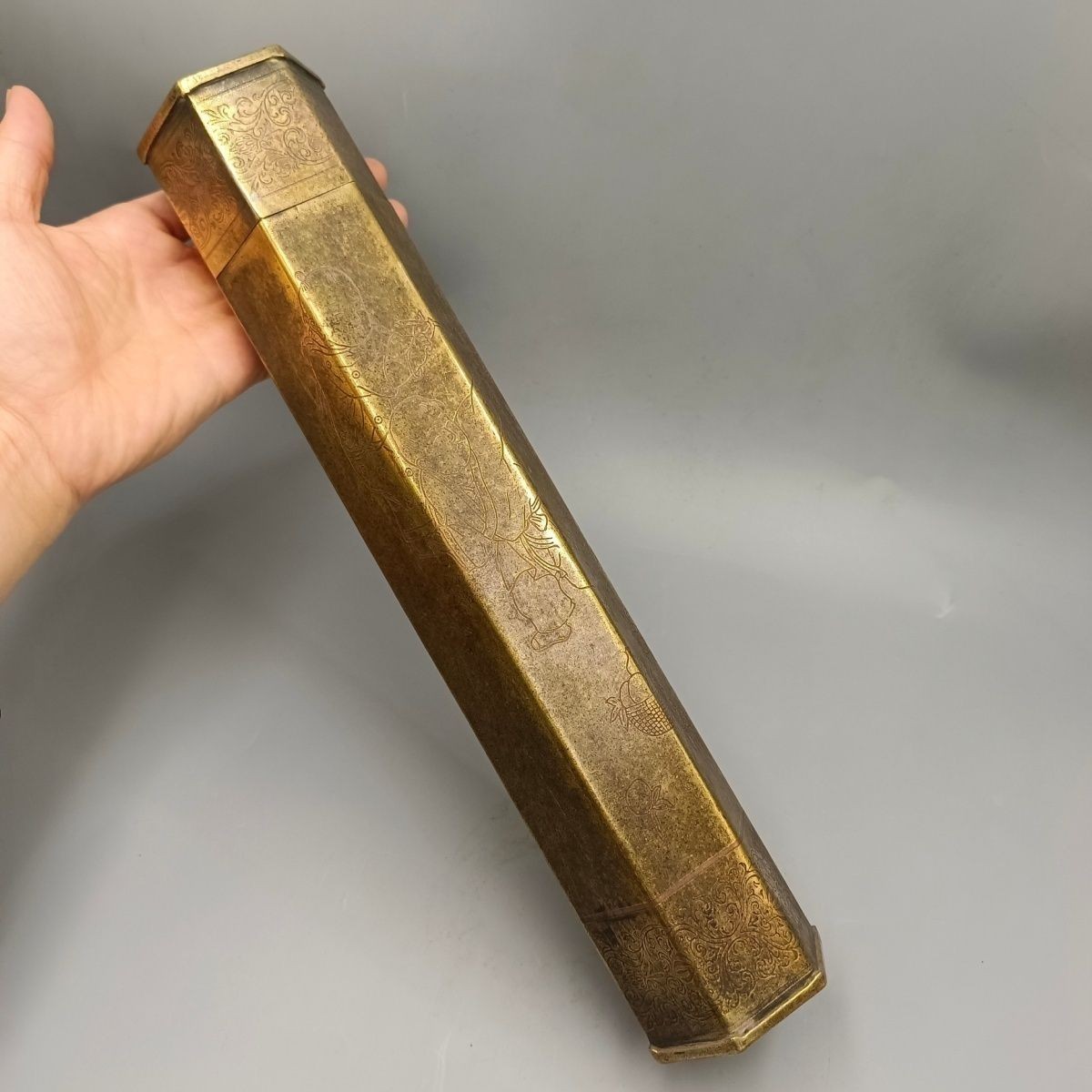 Pure Brass Hexagonal Incense Tube 33cm Five Blessings Vintage Copper Decor