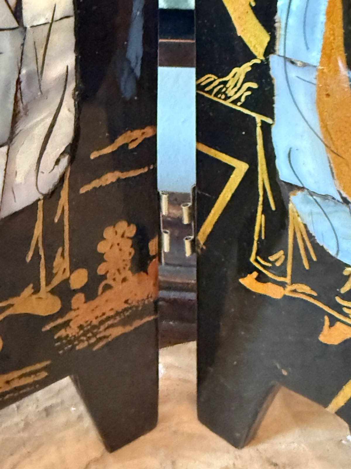 Asian Mini Lacquer Screen Mother of Pearl Inlay Reversible Image Table Top AS IS