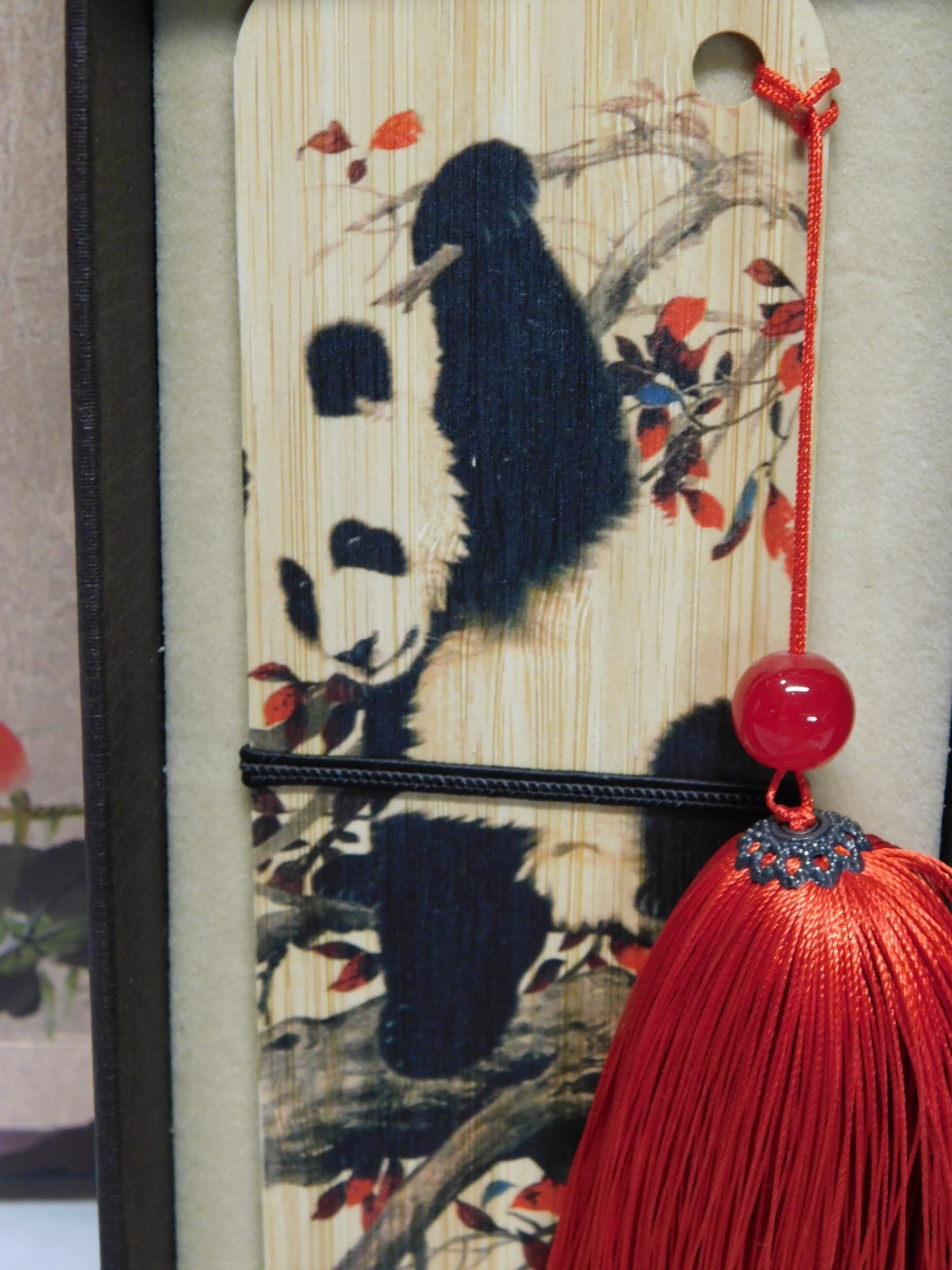 CHINESE COLLECTIBLE WOODEN PANDA BEAR AND SILK TASSEL BOOKMARK